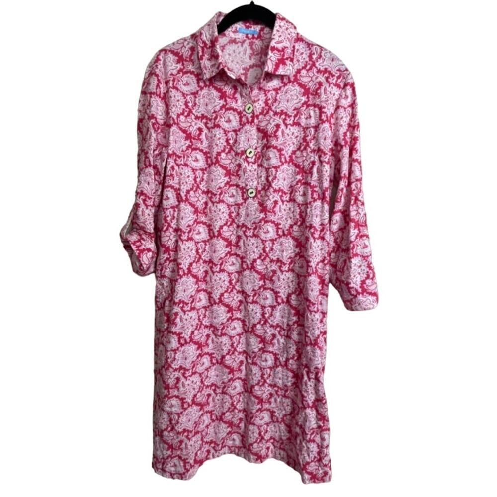 J.  McLaughlin Size S 3/4 Sleeve Button Popover Pink White Floral Sheath Dress‎